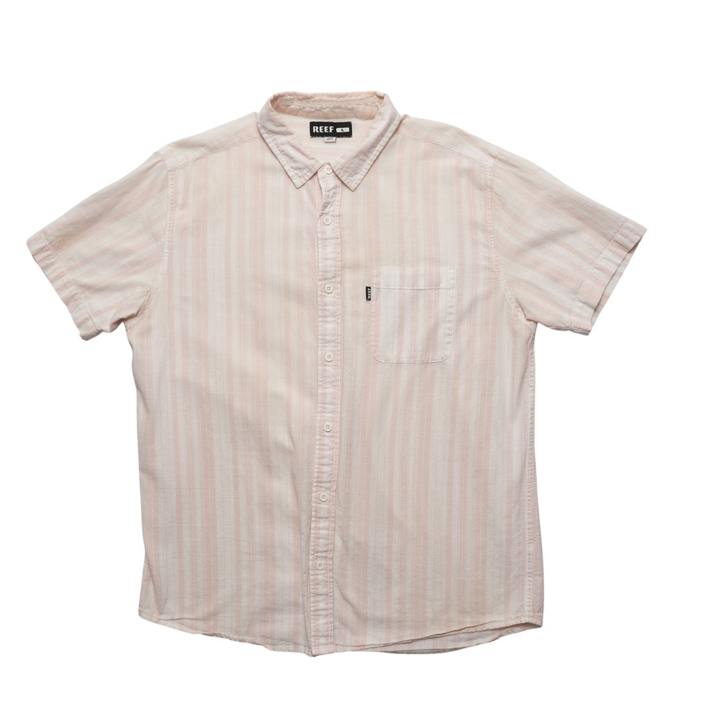 Reef Shirt Mens Large Peach White Stripe Coastal Short Sleeve Button Up Pocket